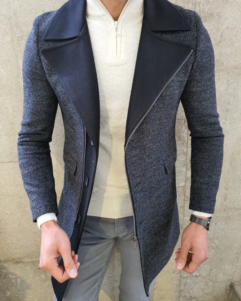 Anthracite Slim Fit Zipper Wool Coat Coat by GentWith.com with Free Worldwide Shipping