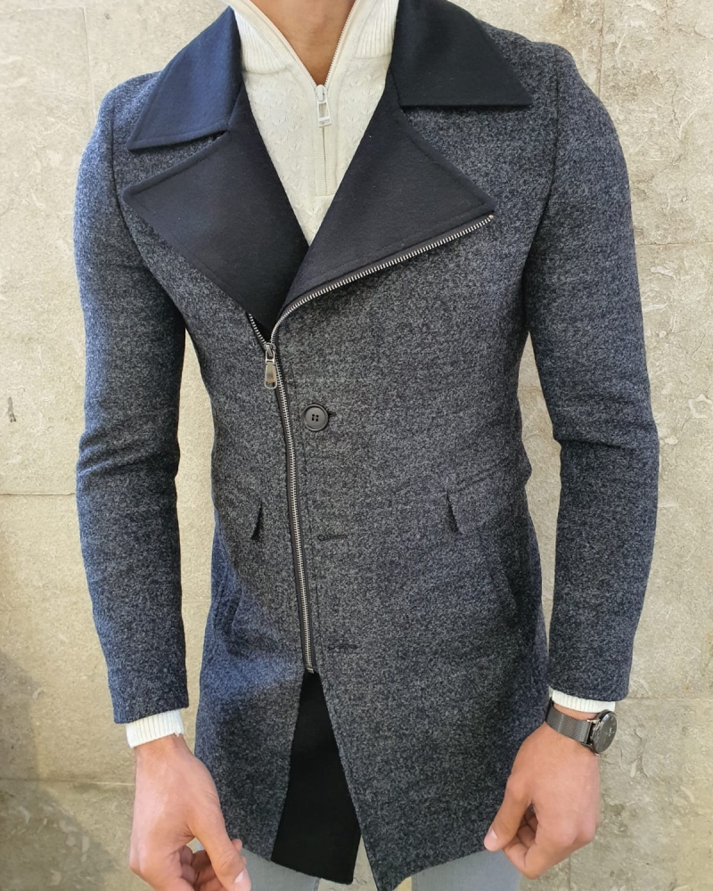 Anthracite Slim Fit Zipper Wool Coat Coat by GentWith.com with Free Worldwide Shipping