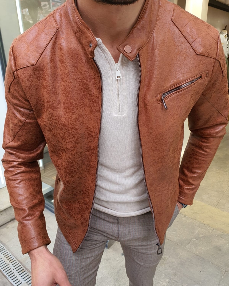 Camel Slim Fit Suede Leather Zipper Coat by GentWith.com with Free Worldwide Shipping