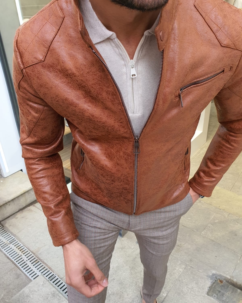 Camel Slim Fit Suede Leather Zipper Coat by GentWith.com with Free Worldwide Shipping