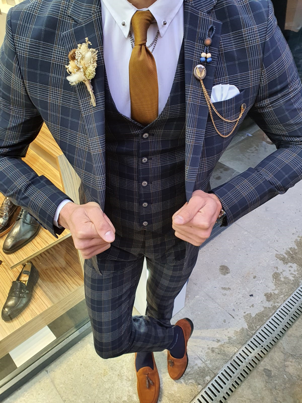 Dark Blue Slim Fit Plaid Check Suit by GentWith.com with Free Worldwide Shipping