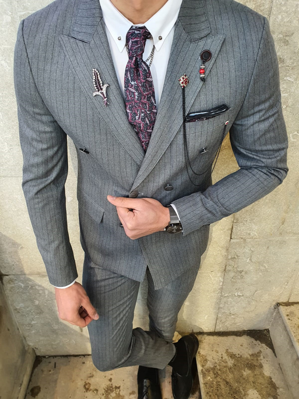 Buy Gray Slim Fit Double Breasted Pinstripe Suit by GentWith.com