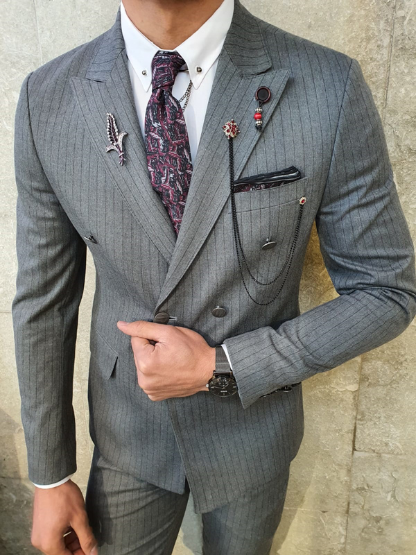 Buy Gray Slim Fit Double Breasted Pinstripe Suit by GentWith.com