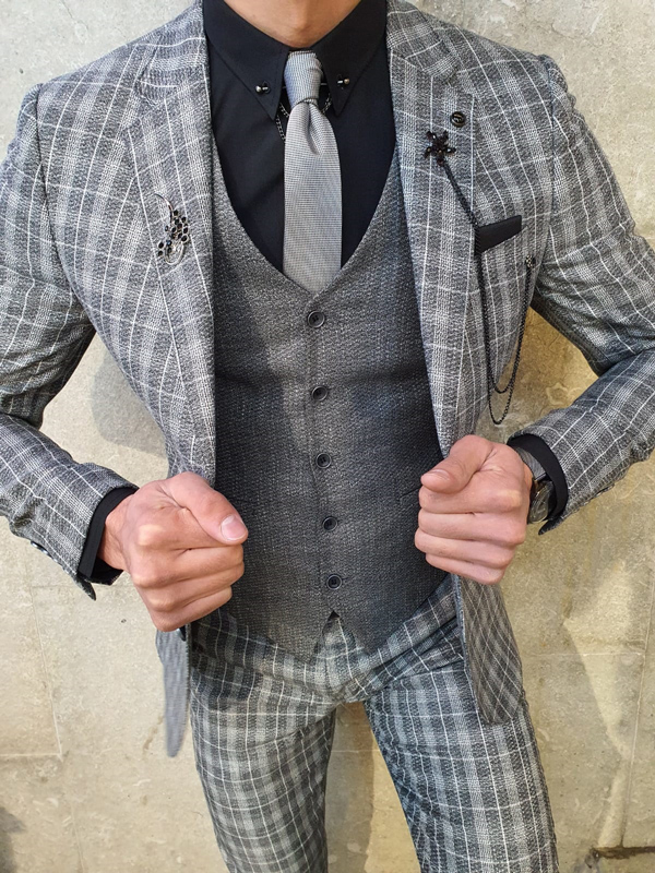 Gray Slim Fit Plaid Check Suit by GentWith.com with Free Worldwide Shipping