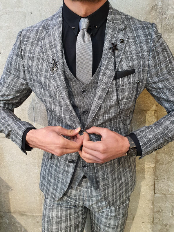 GentWith Olympia Gray Slim Fit Plaid Check Suit