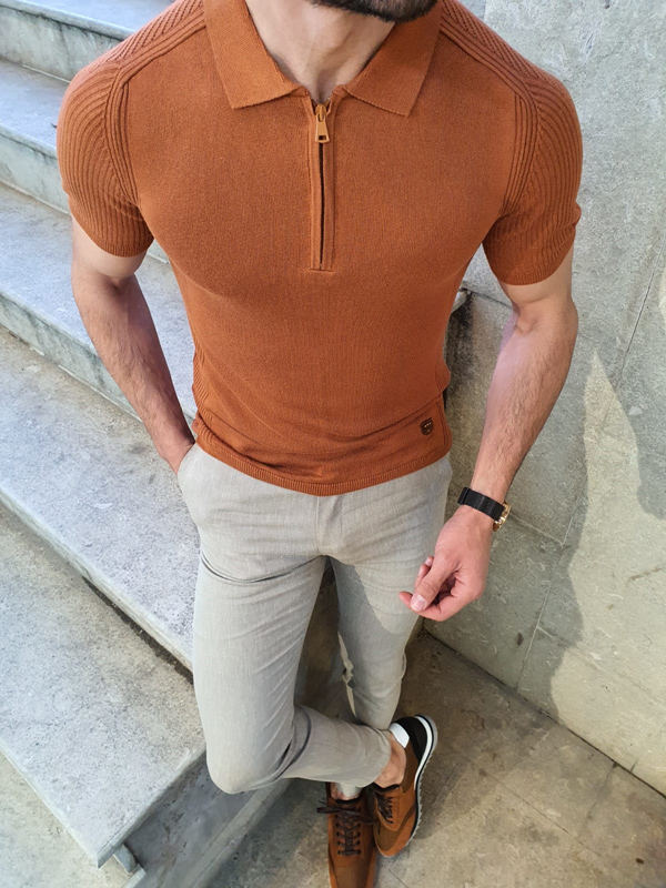 Brown Slim Fit Collar Neck Zipper T-Shirt by GentWith.com with Free Worldwide Shipping