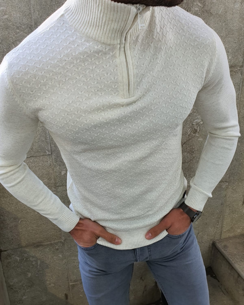 Buy White Slim Fit Zipper Mock Turtleneck Sweater by GentWith.com