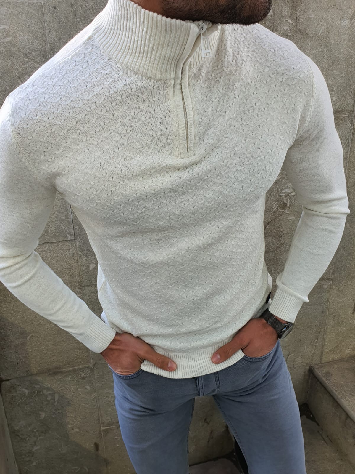 Buy White Slim Fit Zipper Mock Turtleneck Sweater by GentWith