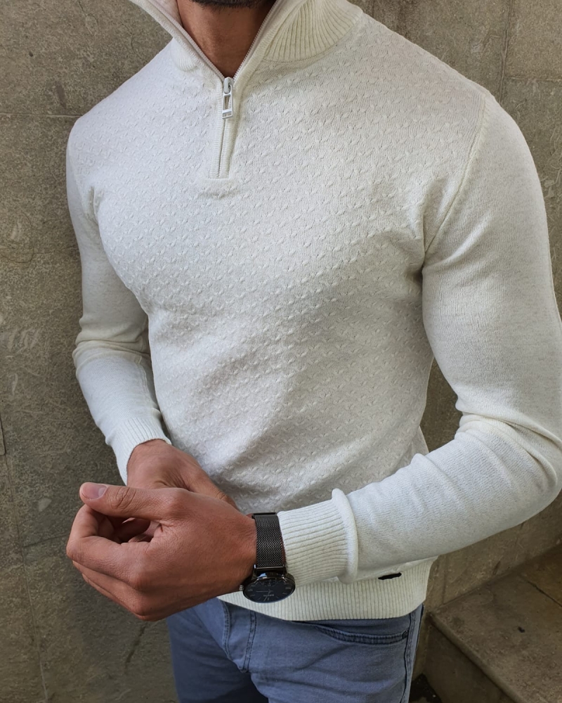 White Slim Fit Zipper Mock Turtleneck Sweater by GentWith.com with Free Worldwide Shipping