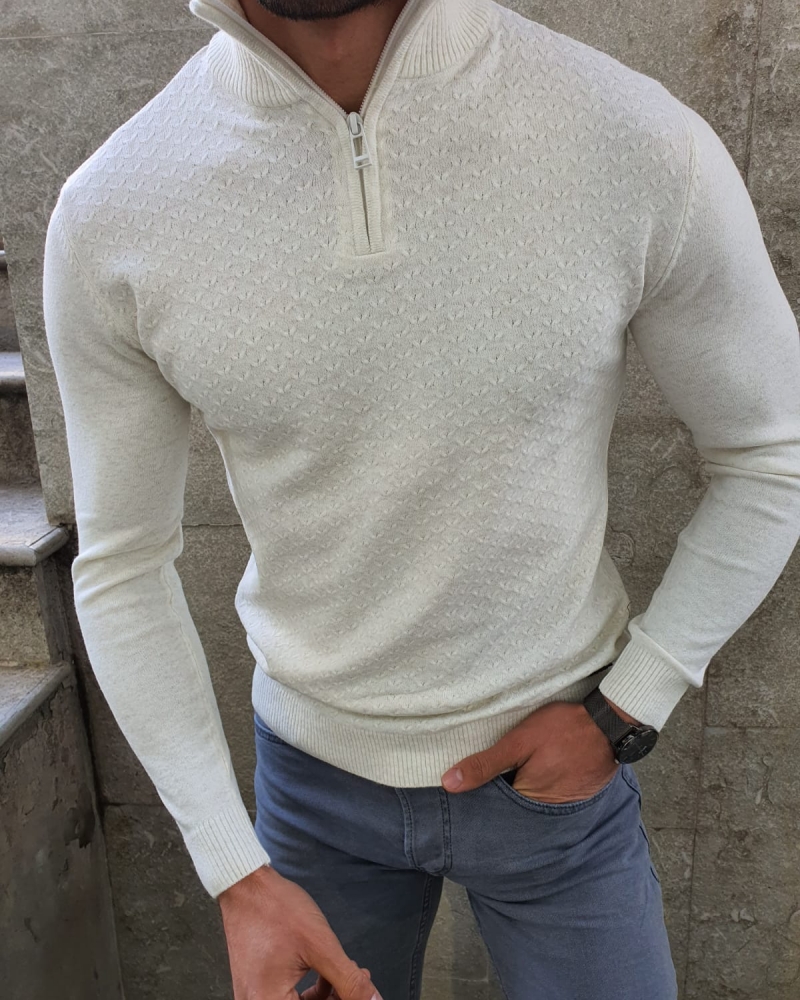 White Slim Fit Zipper Mock Turtleneck Sweater by GentWith.com with Free Worldwide Shipping