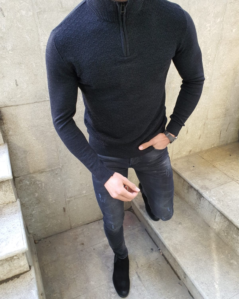 Buy Black Slim Fit Zipper Mock Turtleneck Sweater by GentWith.com