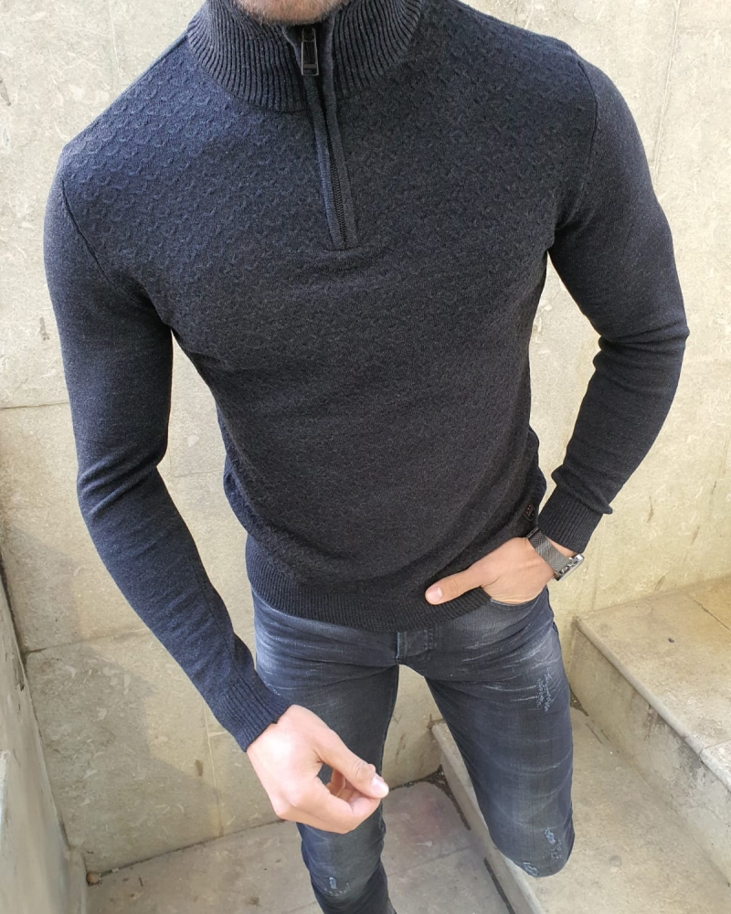 Black Slim Fit Zipper Mock Turtleneck Sweater by GentWith.com with Free Worldwide Shipping