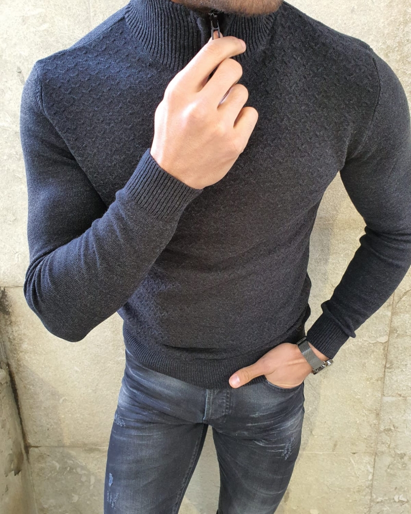 Black Slim Fit Zipper Mock Turtleneck Sweater by GentWith.com with Free Worldwide Shipping