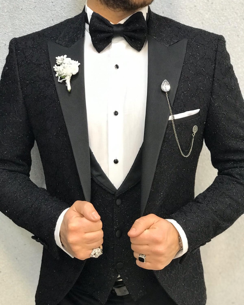 Black Slim Fit Peak Lapel Tuxedo by GentWith.com with Free Worldwide Shipping