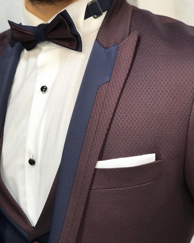 Burgundy Slim Fit Peak Lapel Tuxedo by GentWith.com with Free Worldwide Shipping