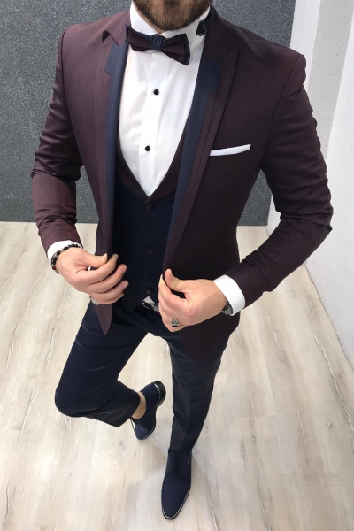 Burgundy Slim Fit Peak Lapel Tuxedo by GentWith.com with Free Worldwide Shipping