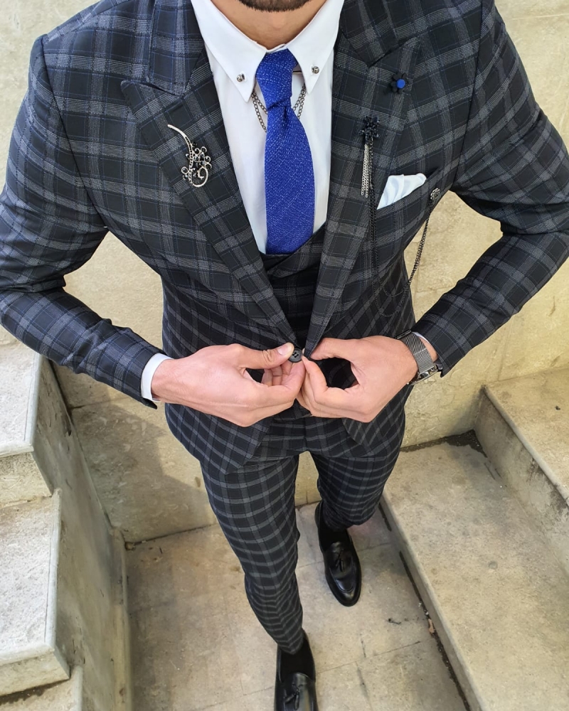 Black Slim Fit Plaid Check Suit by GentWith.com with Free Worldwide Shipping