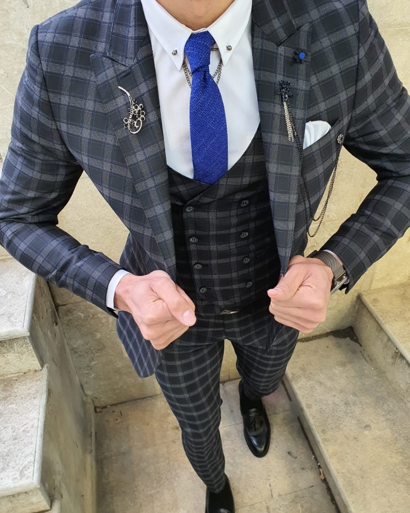 Black Slim Fit Plaid Check Suit by GentWith.com with Free Worldwide Shipping