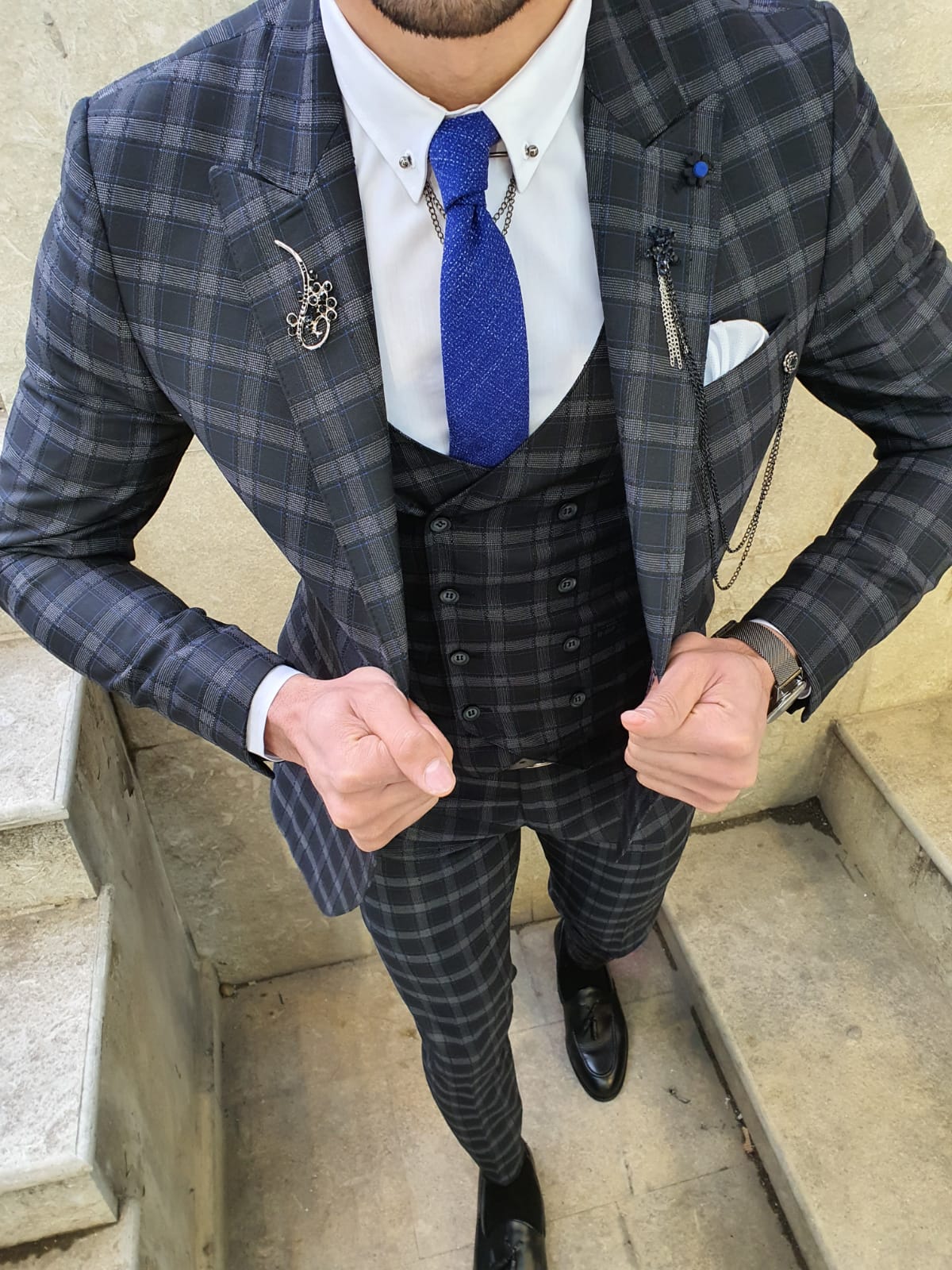 Buy Black Slim Fit Plaid Check Suit by GentWith.com with Free Shipping