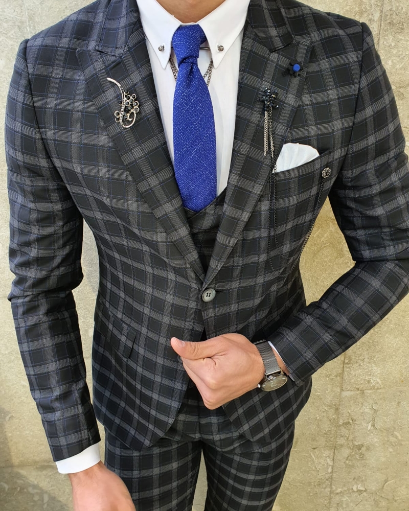 Black Slim Fit Plaid Check Suit by GentWith.com with Free Worldwide Shipping