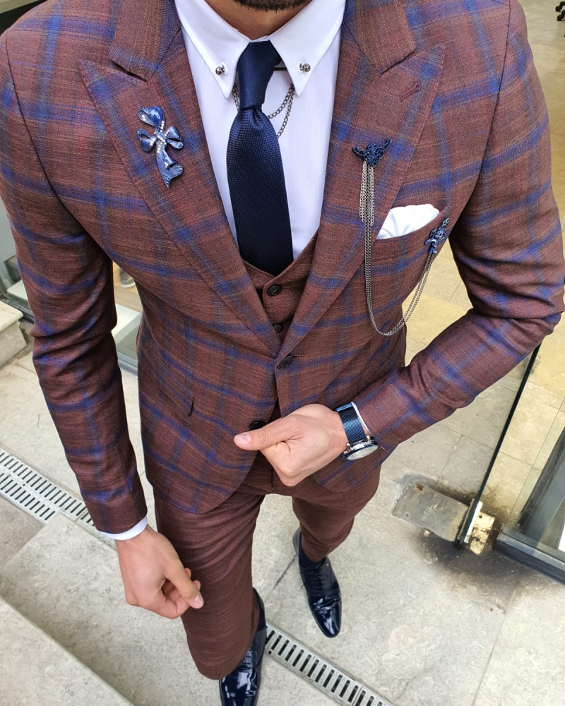 Camel Slim Fit Plaid Patterned Suit by GentWith.com with Free Worldwide Shipping
