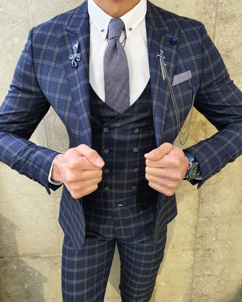 Navy Blue Slim Fit Plaid Check Suit by GentWith.com with Free Worldwide Shipping