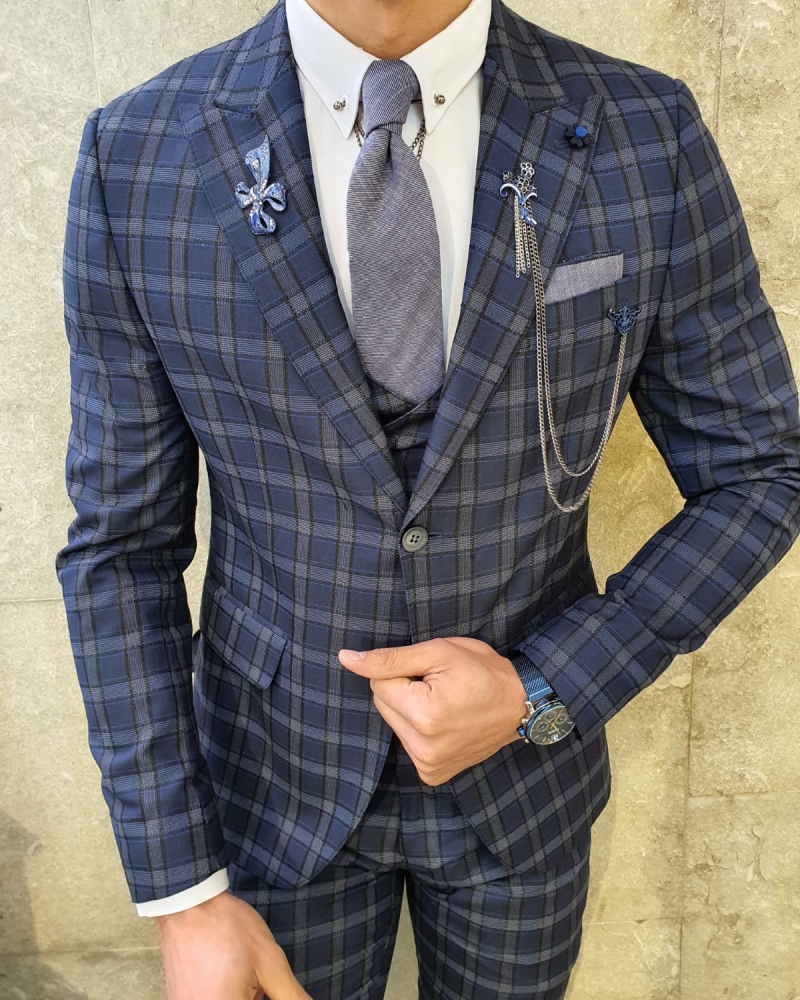 Navy Blue Slim Fit Plaid Check Suit by GentWith.com with Free Worldwide Shipping