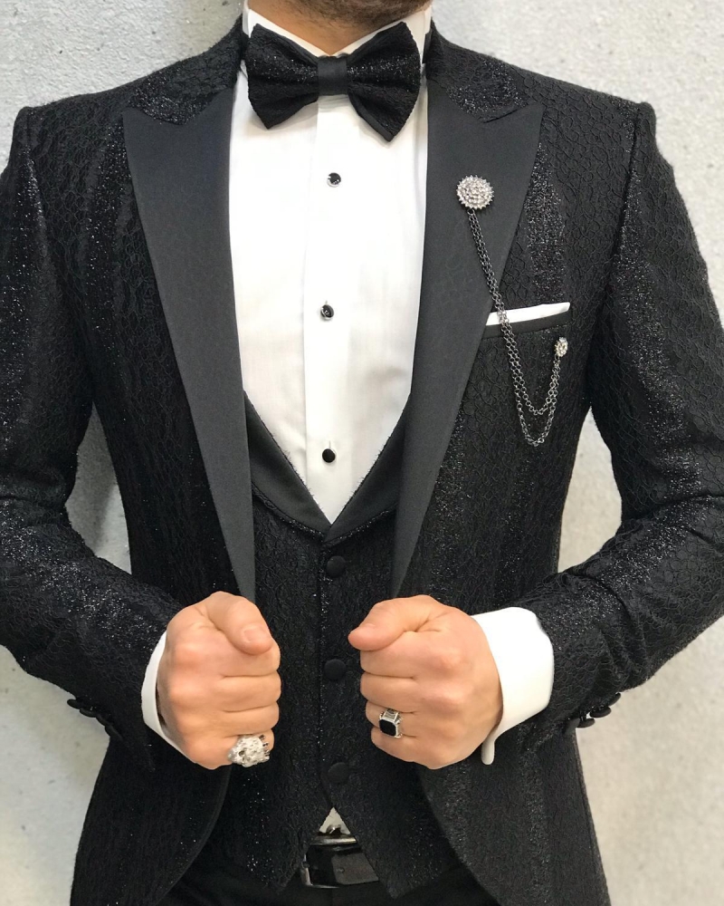 Black Slim Fit Patterned Peak Lapel Tuxedo by GentWith.com with Free Worldwide Shipping