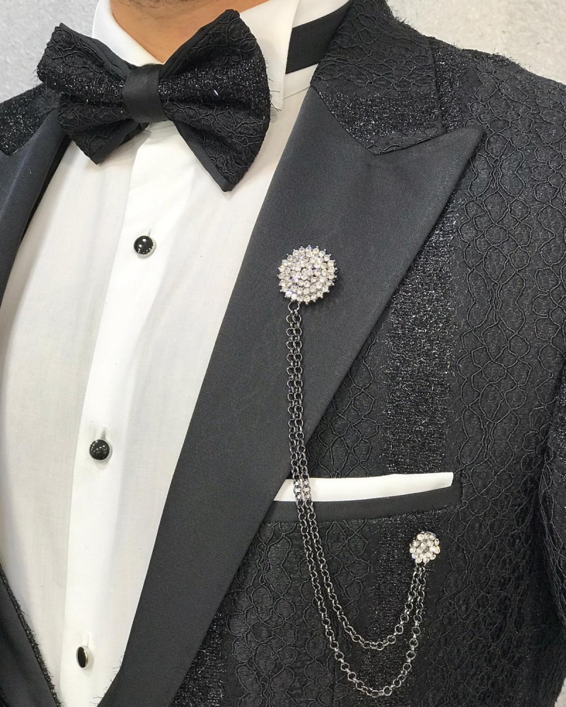 Buy Black Slim Fit Patterned Peak Lapel Tuxedo by GentWith.com