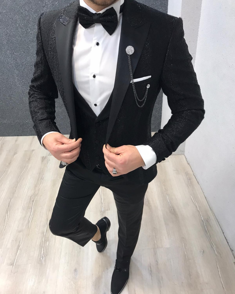 Black Slim Fit Patterned Peak Lapel Tuxedo by GentWith.com with Free Worldwide Shipping