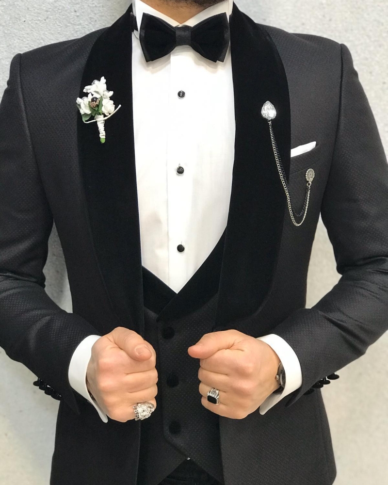 Black Slim Fit Velvet Shawl Lapel Tuxedo by GentWith.com with Free Worldwide Shipping