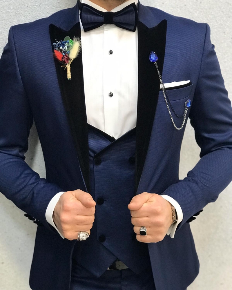 Blue Slim Fit Velvet Peak Lapel Tuxedo by GentWith.com with Free Worldwide Shipping