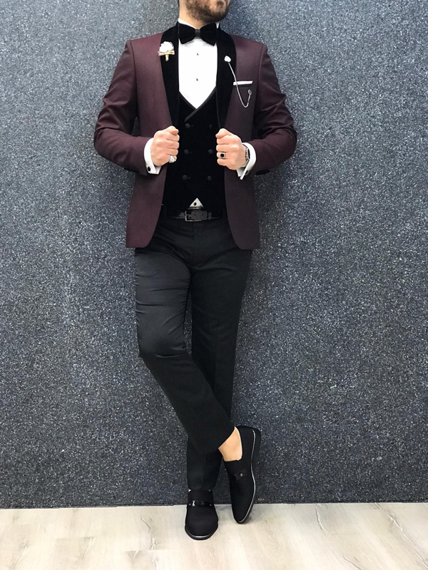 Buy Burgundy Slim Fit Velvet Shawl Lapel Tuxedo by GentWith.com