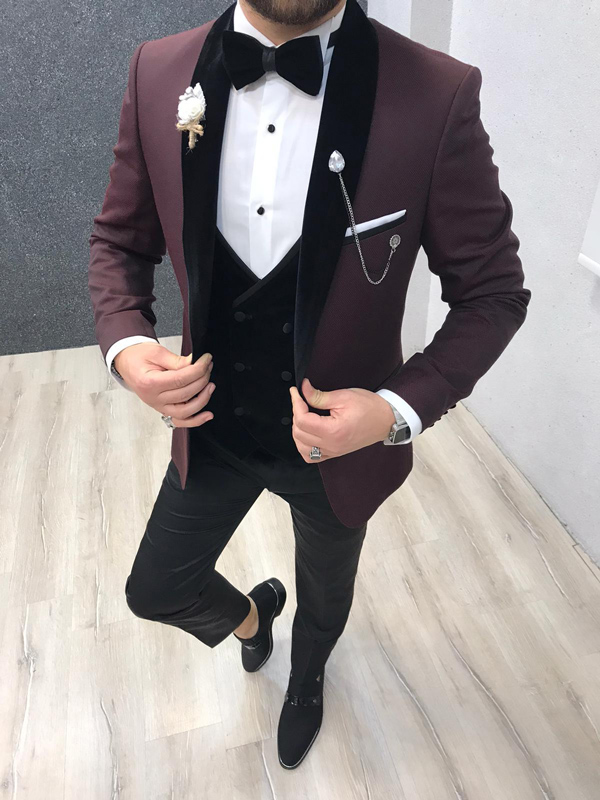 Burgundy Slim Fit Velvet Shawl Collar Tuxedo by GentWith.com with Free Worldwide Shipping