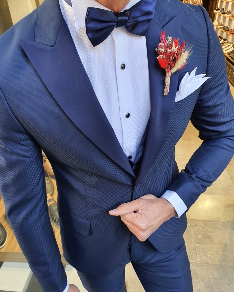 Buy Navy Blue Slim Fit Peak Lapel Tuxedo by GentWith with Free Shipping