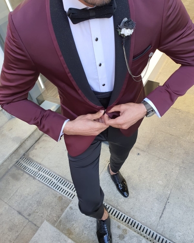 Burgundy Slim Fit Shawl Lapel Tuxedo by GentWith.com with Free Worldwide Shipping
