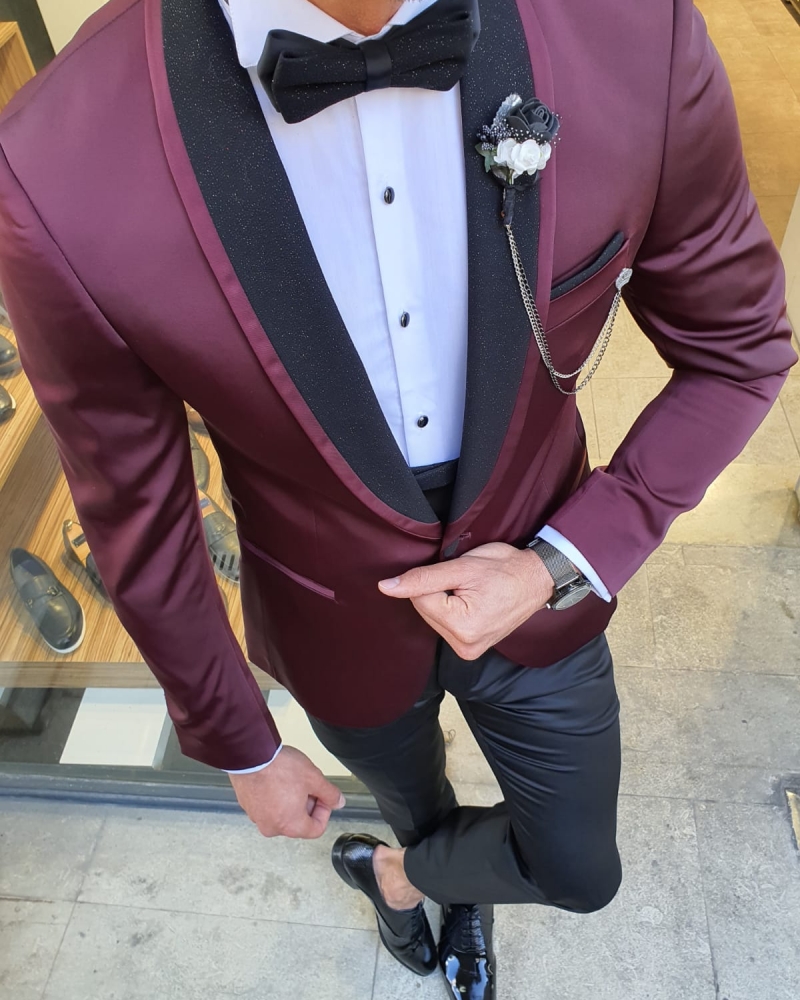 Burgundy Slim Fit Shawl Lapel Tuxedo by GentWith.com with Free Worldwide Shipping