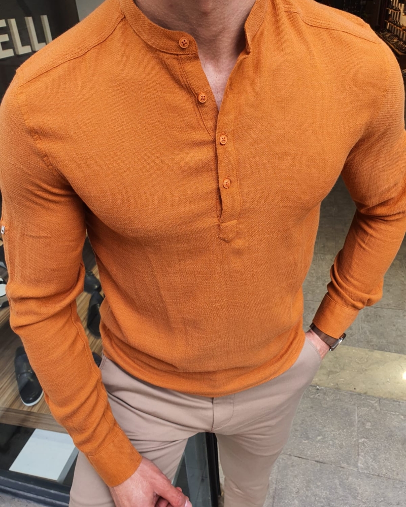 Orange Slim Fit Cotton Shirt by GentWith.com with Free Worldwide Shipping