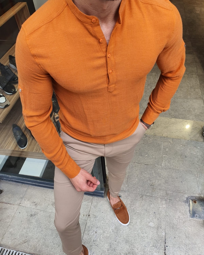 Orange Slim Fit Cotton Shirt by GentWith.com with Free Worldwide Shipping