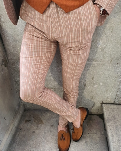 Beige Slim Fit Pinstripe Pants by GentWith.com with Free Worldwide Shipping