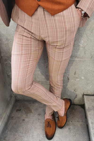 Beige Slim Fit Pinstripe Pants by GentWith.com with Free Worldwide Shipping