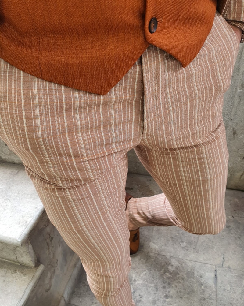 Beige Slim Fit Pinstripe Pants by GentWith.com with Free Worldwide Shipping