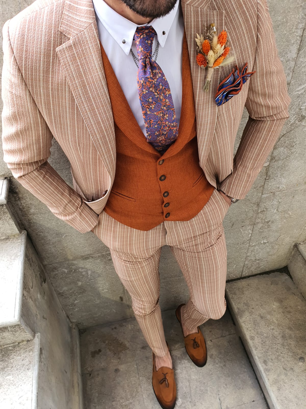 Buy Beige Slim Fit Pinstripe Suit By Free Shipping