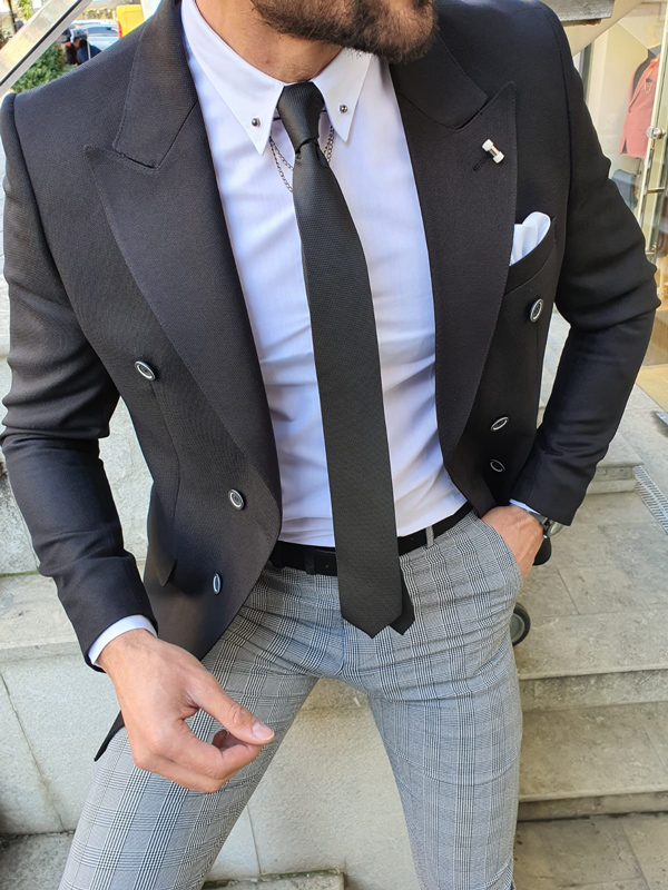 Black Slim Fit Double Breasted Blazer by GentWith.com with Free Worldwide Shipping