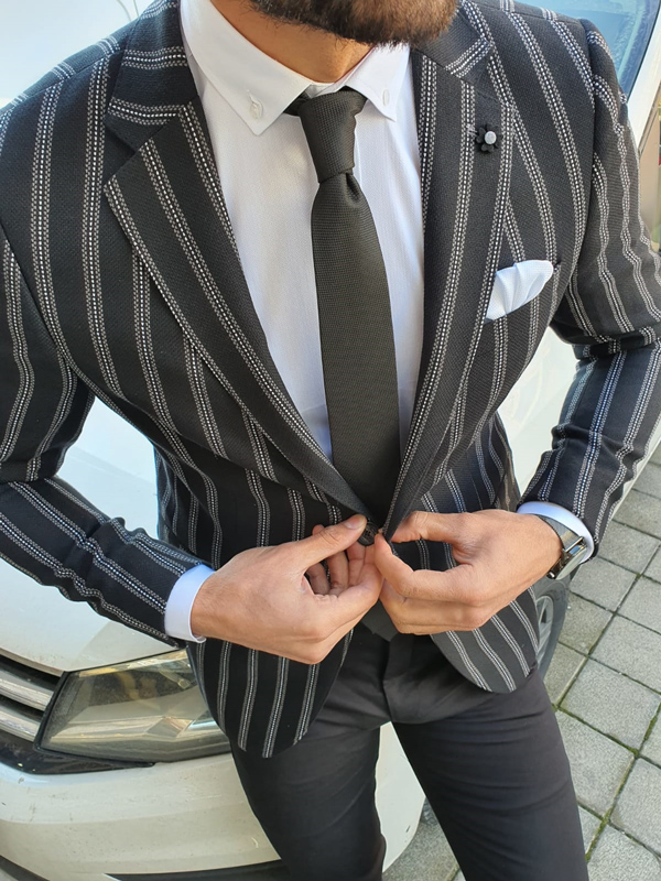 Black Slim Fit Striped Blazer by GentWith.com with Free Worldwide Shipping