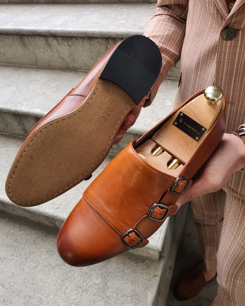 Brown Slim Fit Triple Monk Strap Loafer by GentWith.com with Free Worldwide Shipping