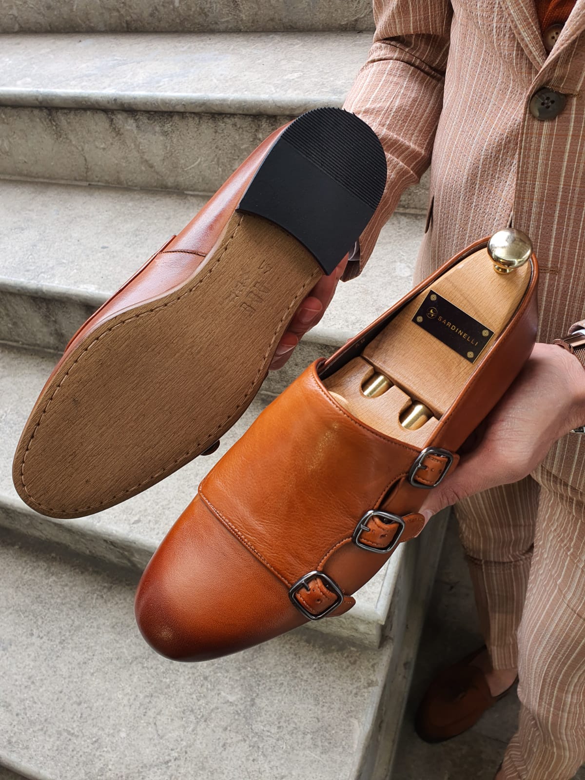 Brown Slim Fit Triple Monk Strap Loafer by GentWith.com with Free Worldwide Shipping