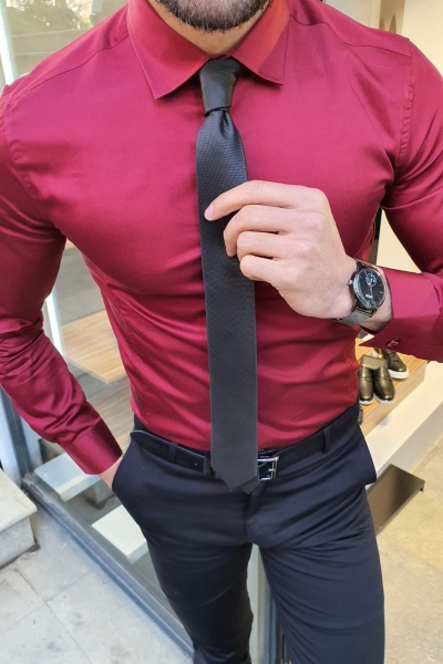 Burgundy Slim Fit Cotton Shirt by GentWith.com with Free Worldwide Shipping