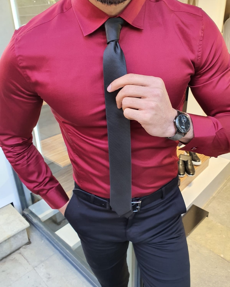 Burgundy Slim Fit Cotton Shirt by GentWith.com with Free Worldwide Shipping