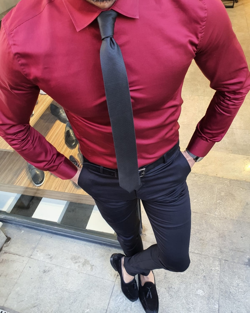 Burgundy Slim Fit Cotton Shirt by GentWith.com with Free Worldwide Shipping